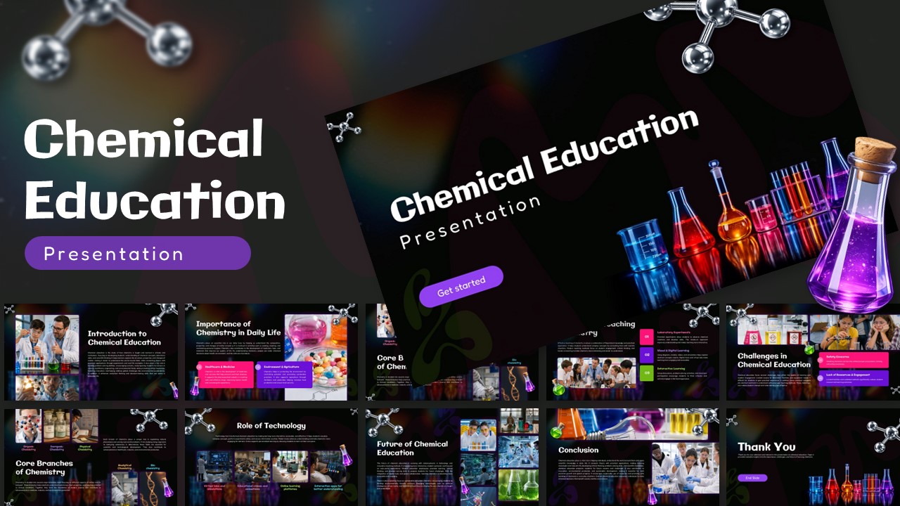 Chemical Education Template - Dark cover featuring glowing laboratory glassware and molecular structures with preview