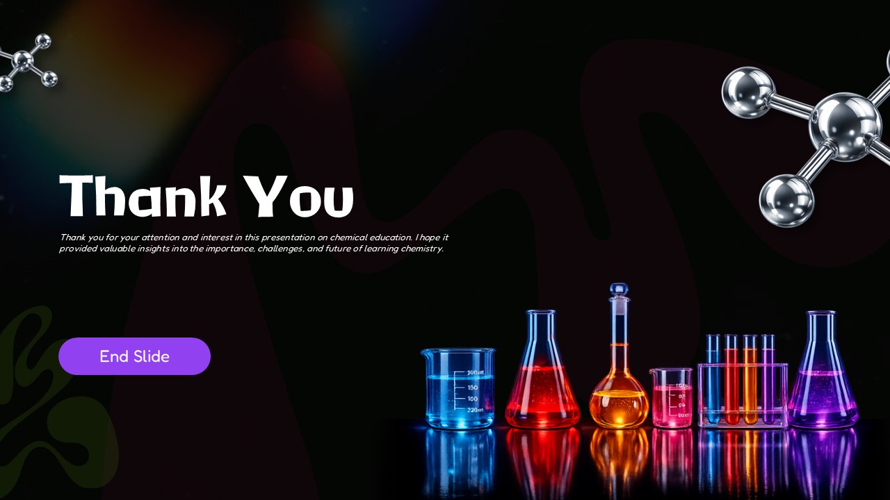 Chemical Education Thank You - Minimalist closing slide with signature laboratory glassware and molecular accents