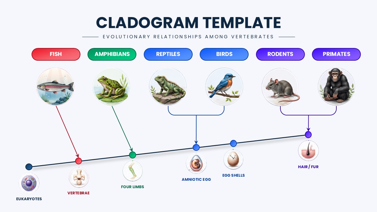 Cladogram Template - Evolutionary tree branching from fish through amphibians to mammals with colorful species icons