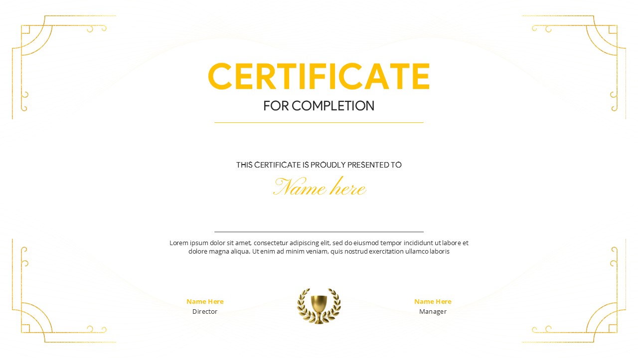 Completion Certificate Google Slides PowerPoint Template - light background version with classical gold ornamental design