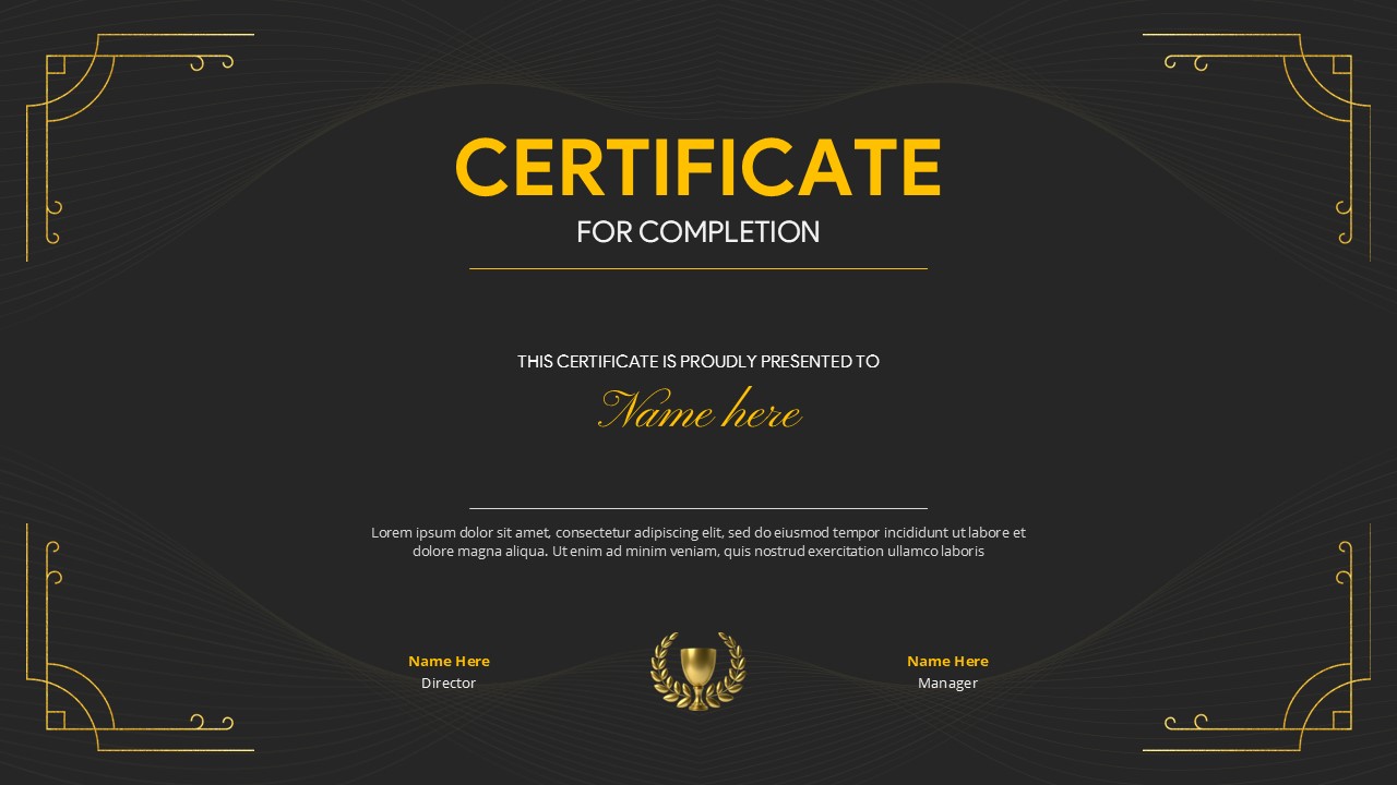 Completion Certificate Template - elegant dark design with gold accents and ornate borders for formal recognition