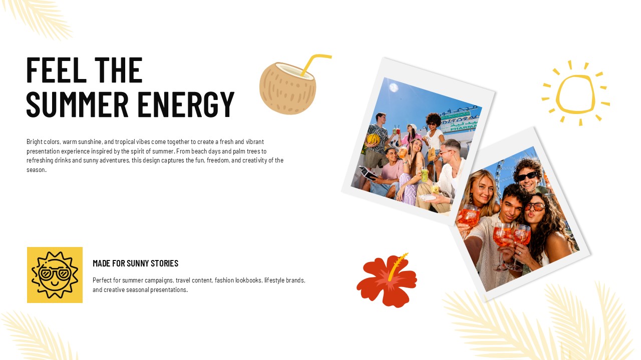 Summer Energy Template - content slide with sun icon and photos
