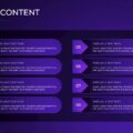 Plantilla de tabla de contenido: degradado morado oscuro que muestra 8 secciones en forma de flecha que fluyen a lo largo de dos columnas.