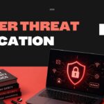 Cyber Threat Education Template - title slide with laptop displaying security dashboard and cybersecurity books stack