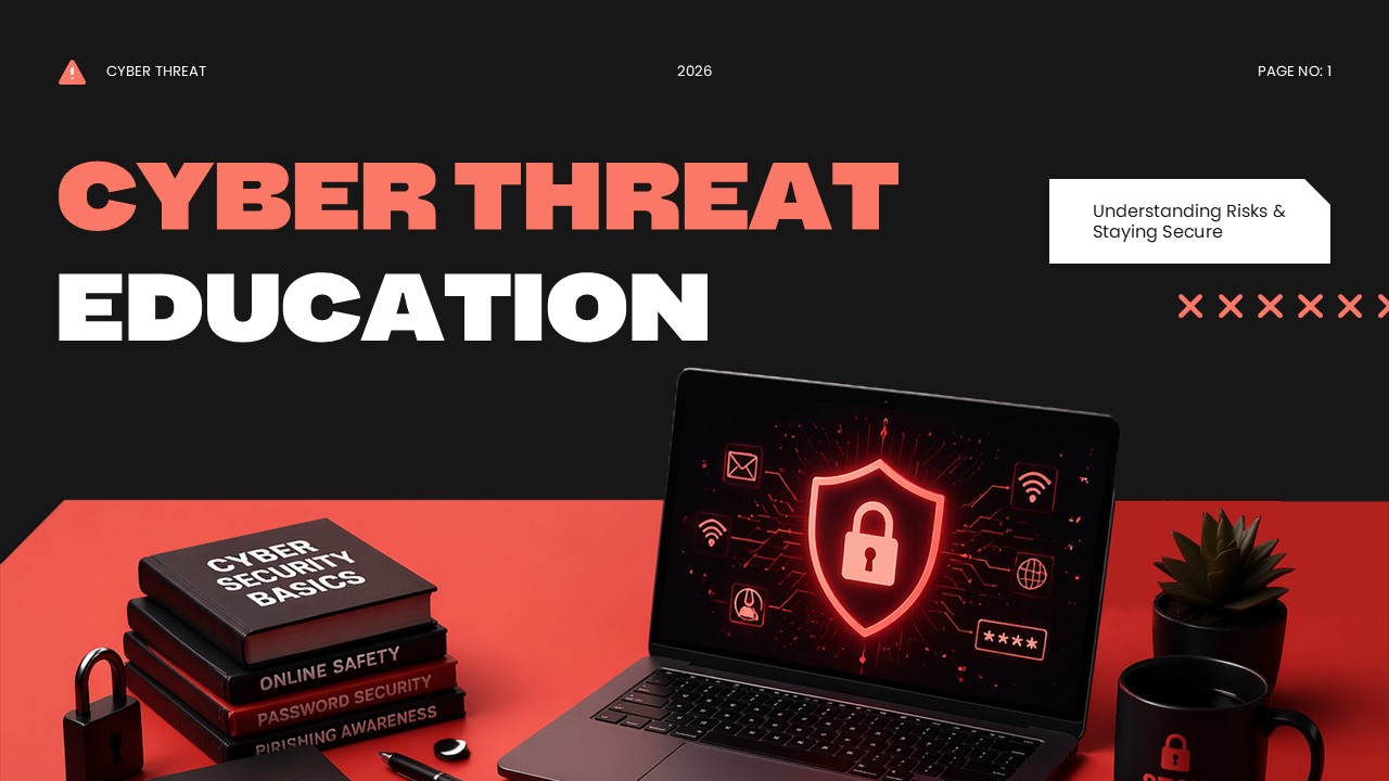 Cyber Threat Education Template - title slide with laptop displaying security dashboard and cybersecurity books stack