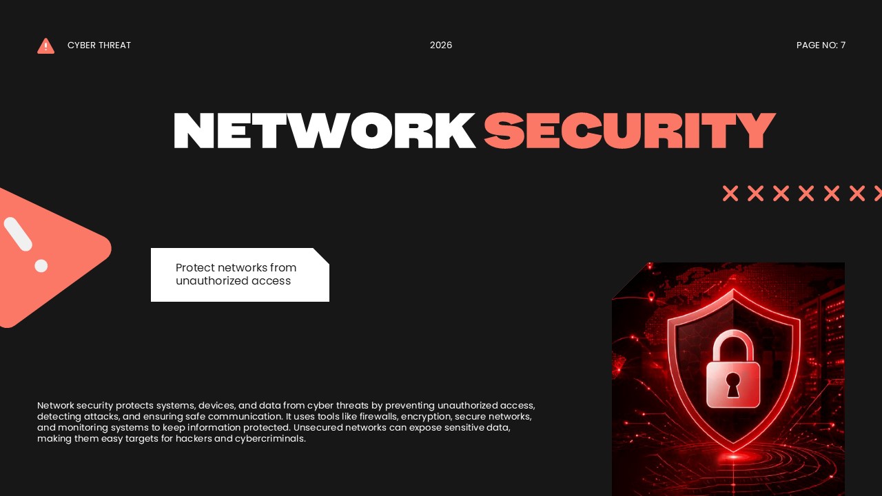 Network Security Template - 3D shield with lock icon surrounded by digital network elements and security tools