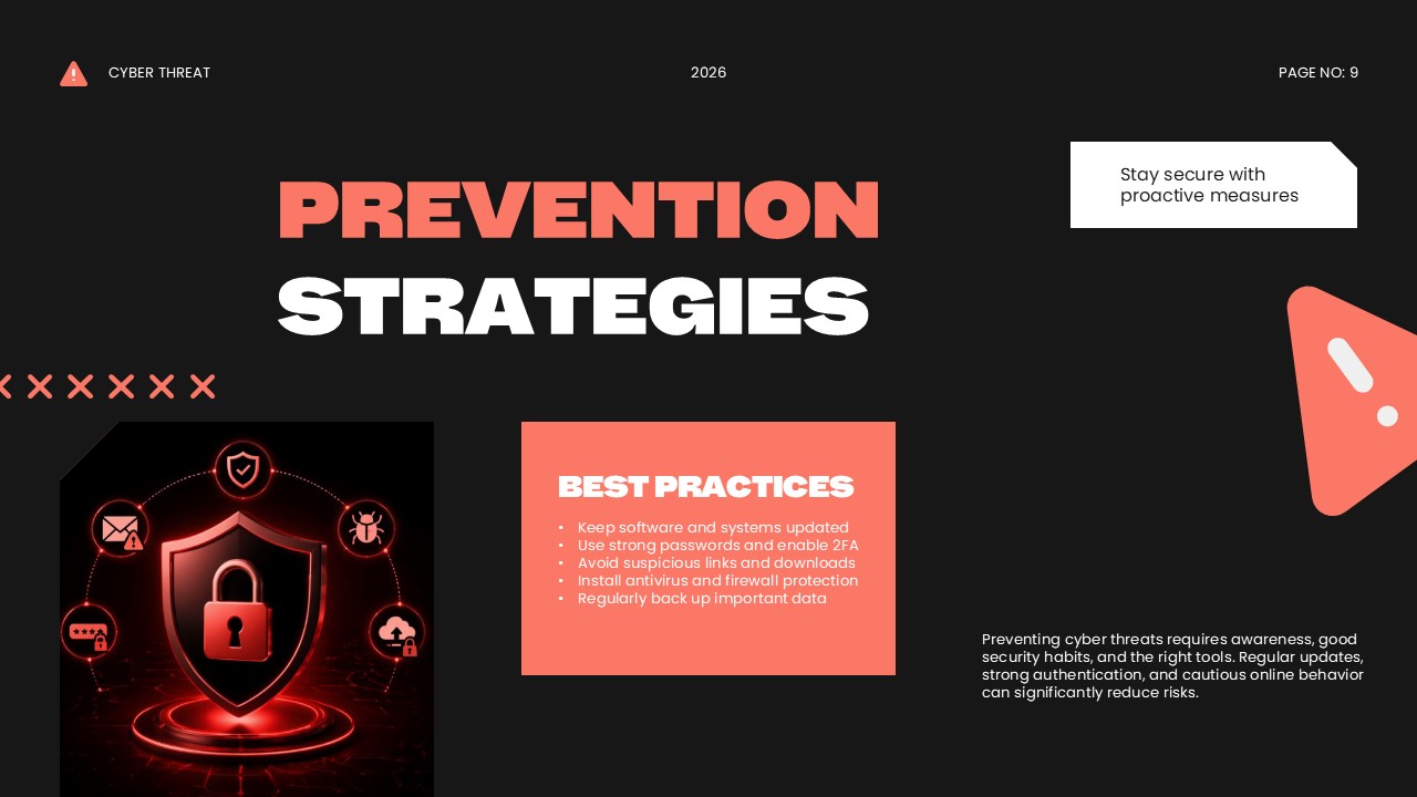 Prevention Strategies Template - 3D shield with security symbols and red best practices checklist