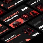 Cybersecurity Education Template - overview showing 11 slides in isometric grid with dark theme and red accents
