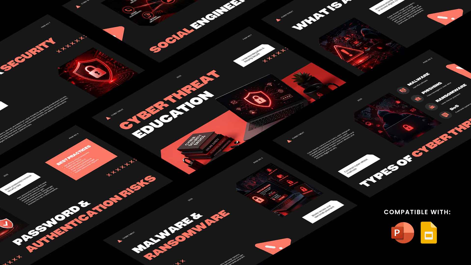 Cybersecurity Education Template - overview showing 11 slides in isometric grid with dark theme and red accents