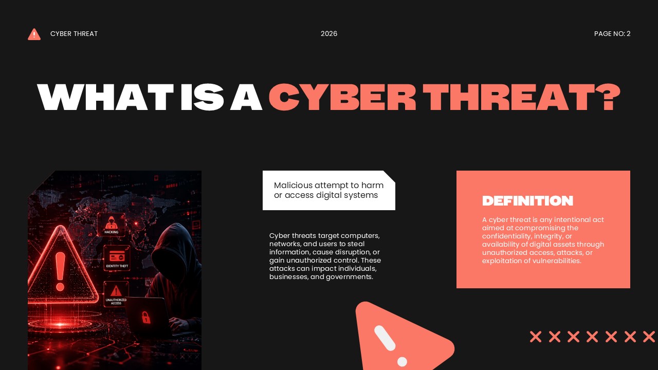 Cybersecurity Template - definition slide with hooded hacker figure and warning symbols explaining cyber threats