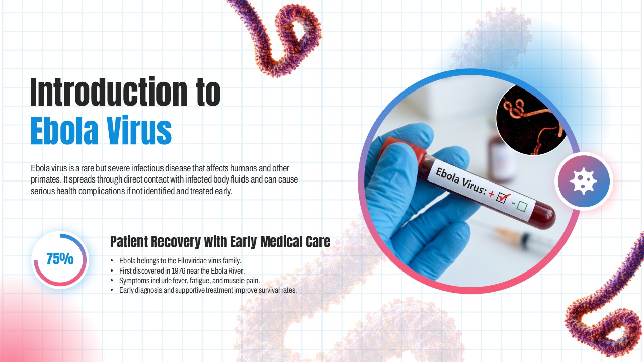 Ebola Virus Template - introduction slide with 75% recovery statistic and medical testing imagery