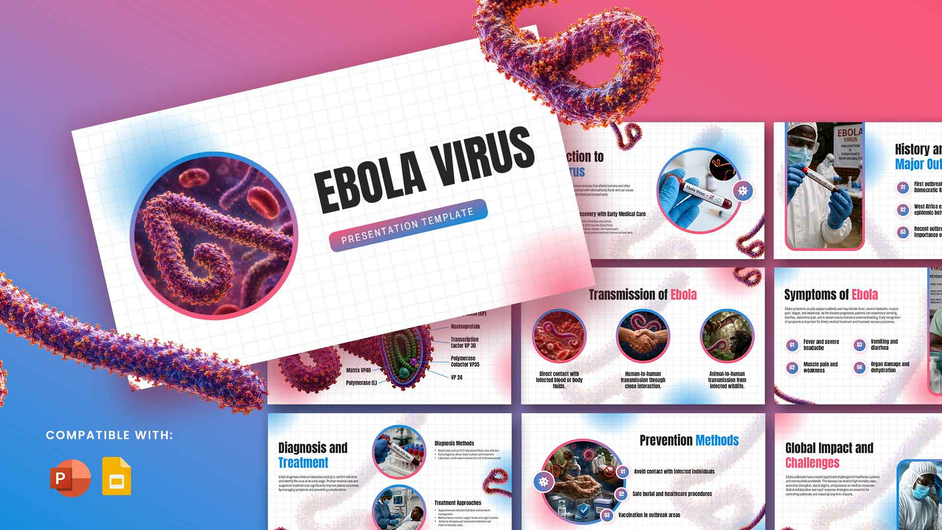 Ebola Virus Template - collage overview showing 11 slides with gradient backgrounds and 3D virus renderings