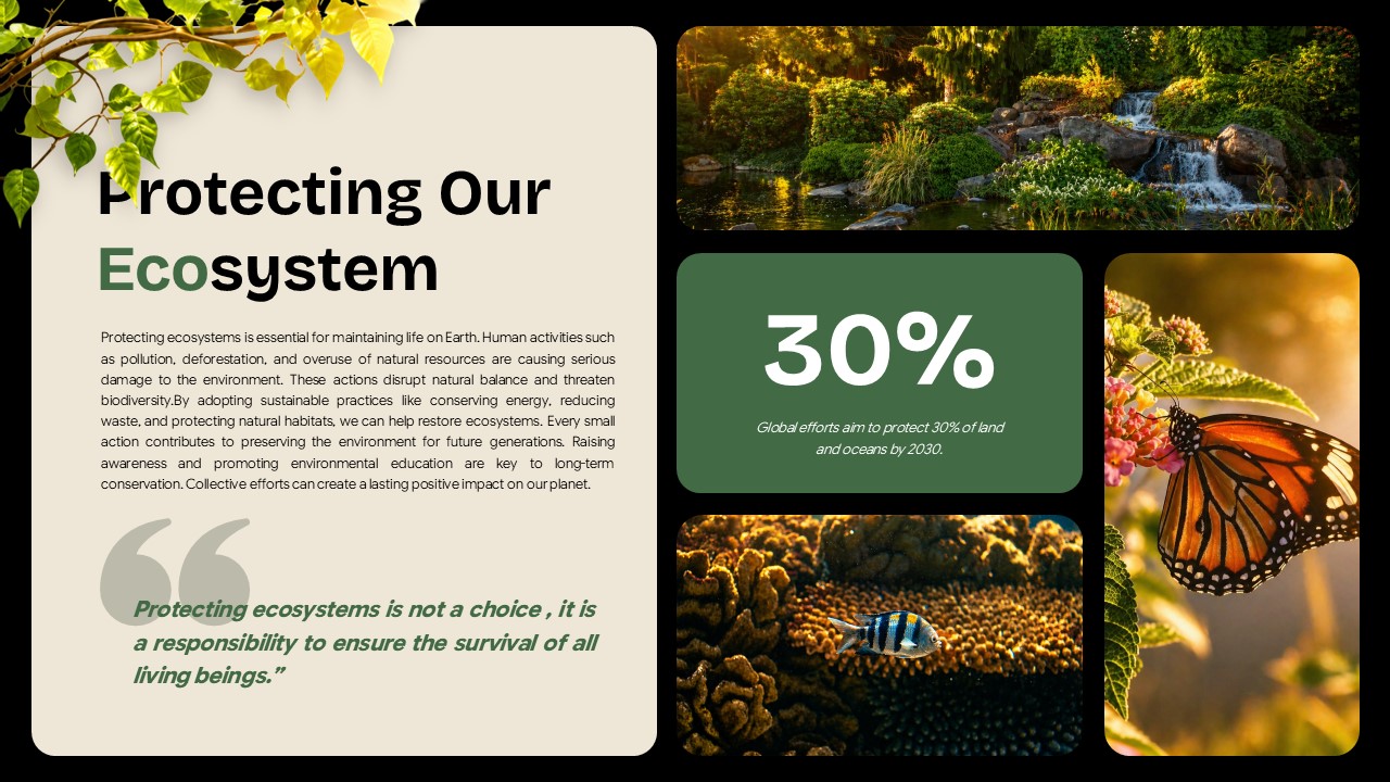 Ecosystem Education Template - conservation slide with garden, coral reef, butterfly images and 30% protection goal