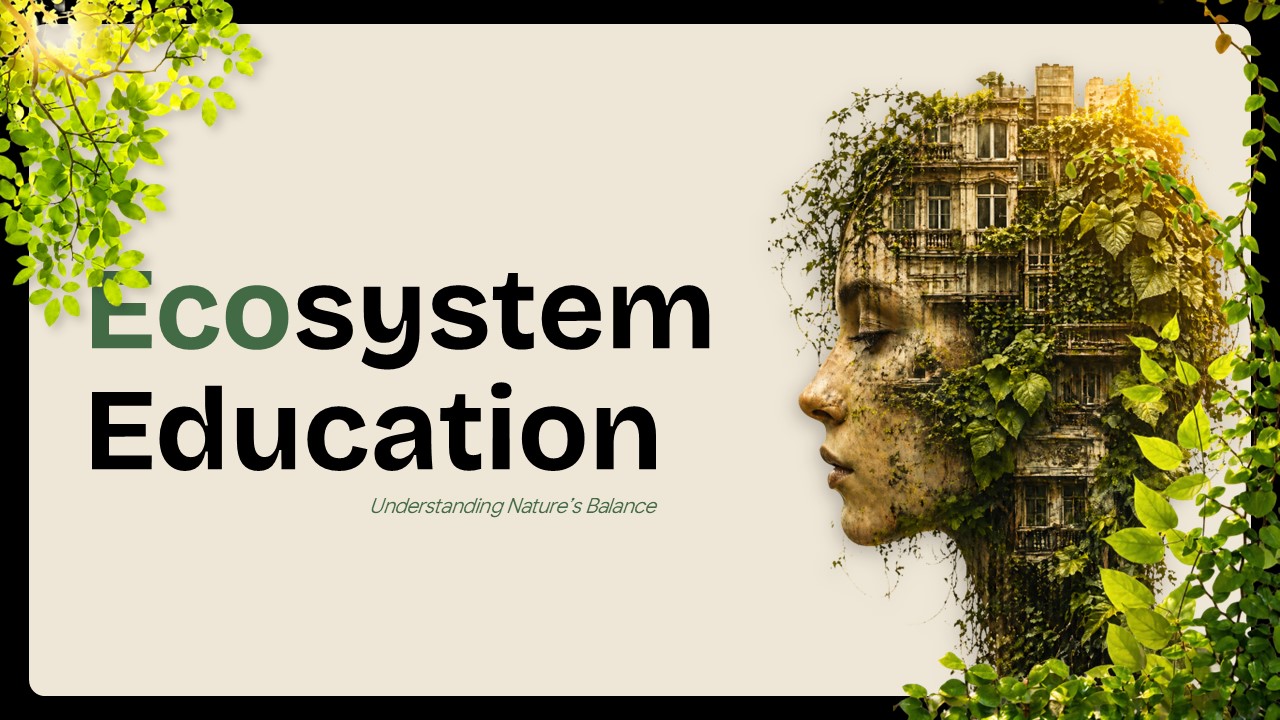 Ecosystem Education Template - title slide with surreal human profile art integrated with greenery and architecture