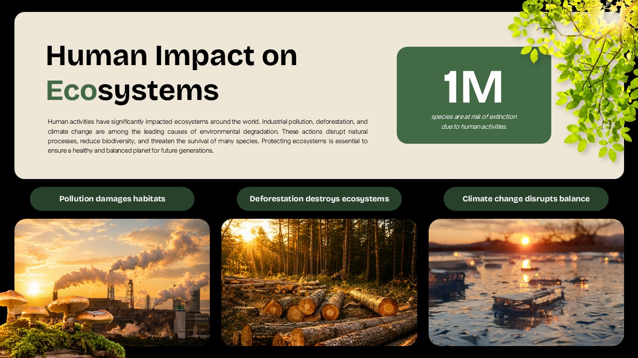 Ecosystem Education Template - human impact slide with factory, deforestation, climate images and 1M species statistic