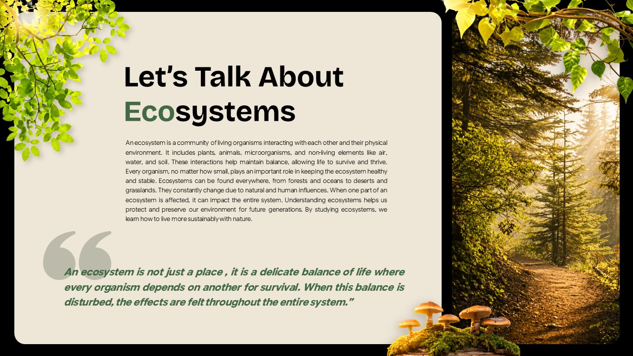 Ecosystem Education Template - intro slide with forest pathway image, quotation text, and mushroom graphics