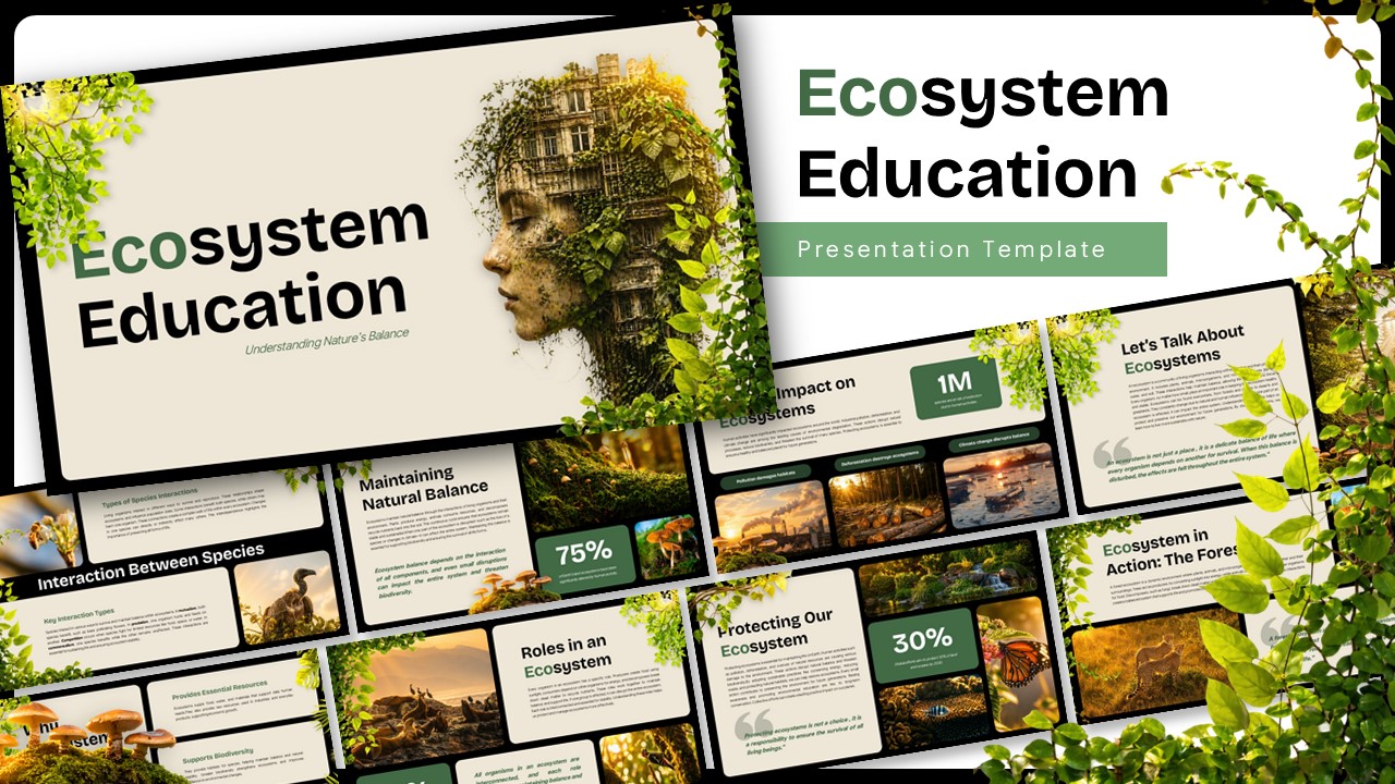 Ecosystem Education Template - overview grid showing 11 slides with nature backgrounds and green foliage borders