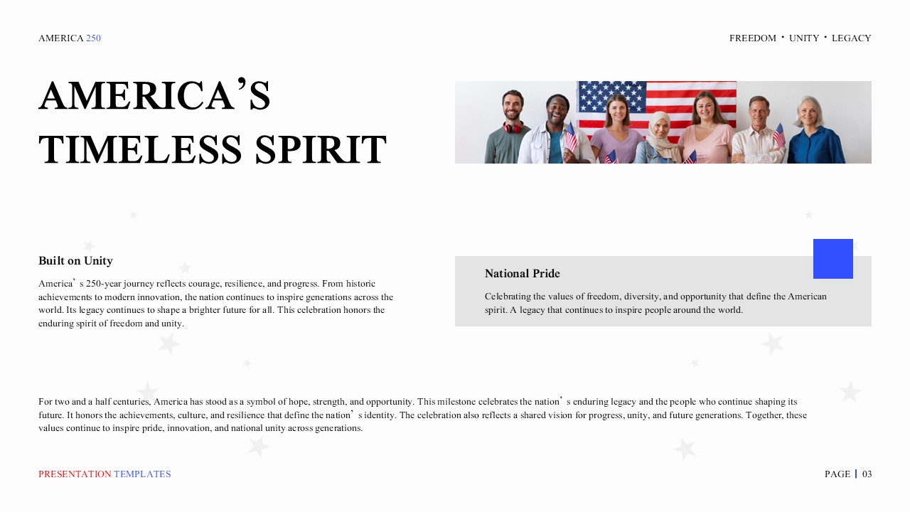 America 250 Template - Unity and pride slide to showcase American values and diverse national spirit
