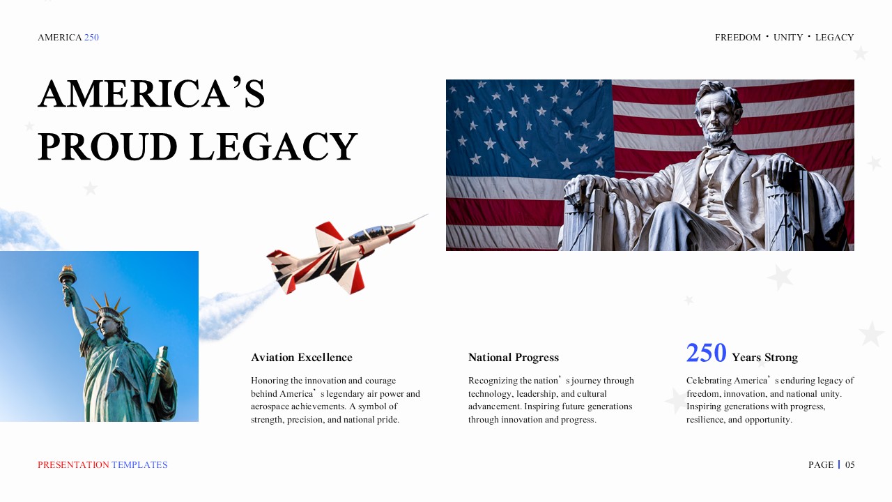 America 250 Template - Achievements showcase slide to highlight national accomplishments across multiple sectors