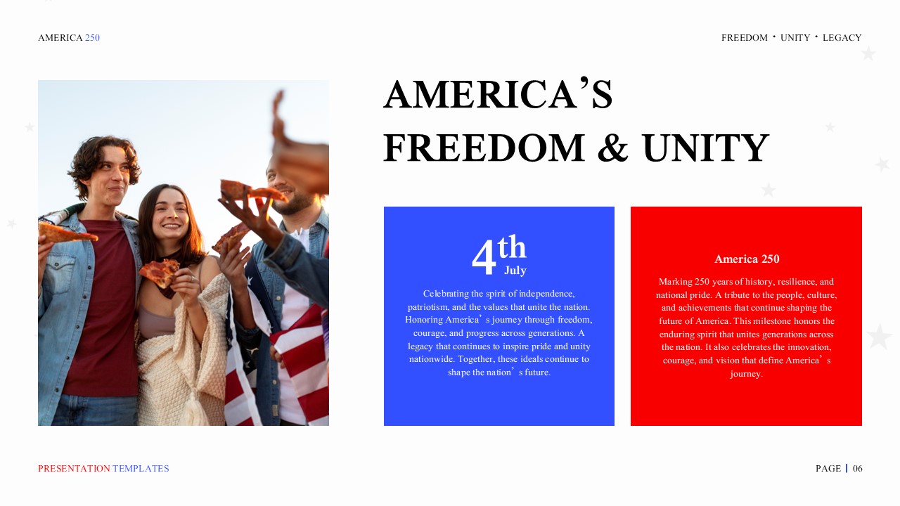 America 250 Template - Independence celebration slide to present 4th of July themes and American freedom