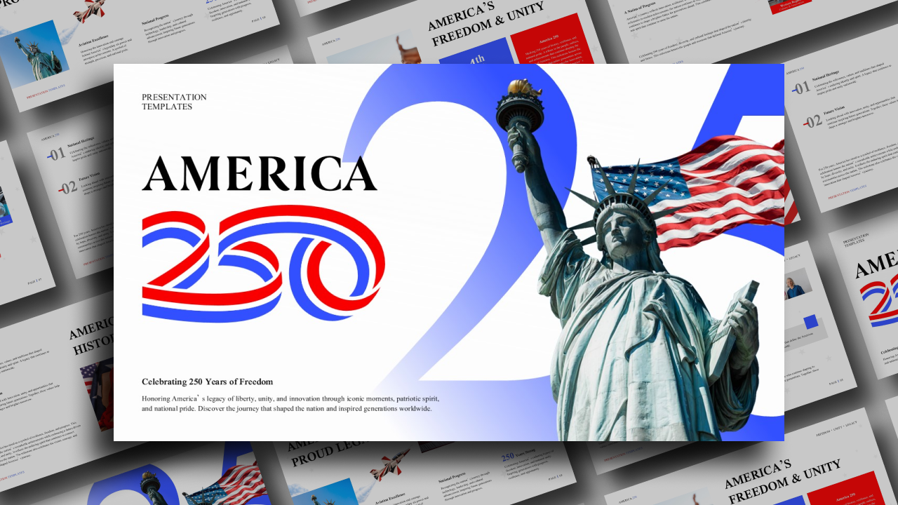 America 250 Template - Complete template overview showing all slides available for patriotic presentations