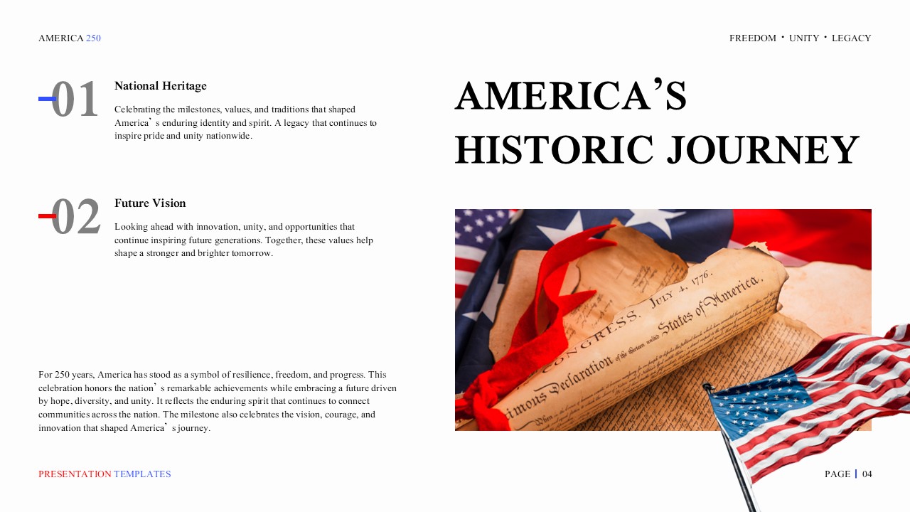 America 250 Template - Historical journey slide to outline America's founding principles and future vision