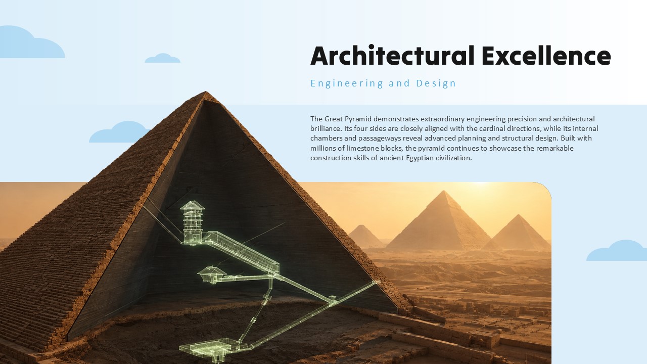 Great Pyramid Architecture - Modern wireframe overlay on pyramid revealing engineering precision and structural design