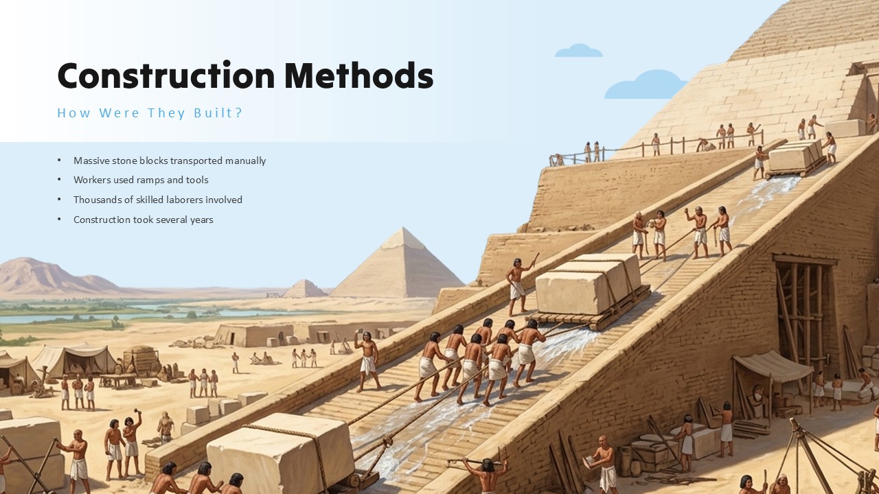 Great Pyramid Construction - Ancient workers illustration showing ramps and manual labor with bullet point facts