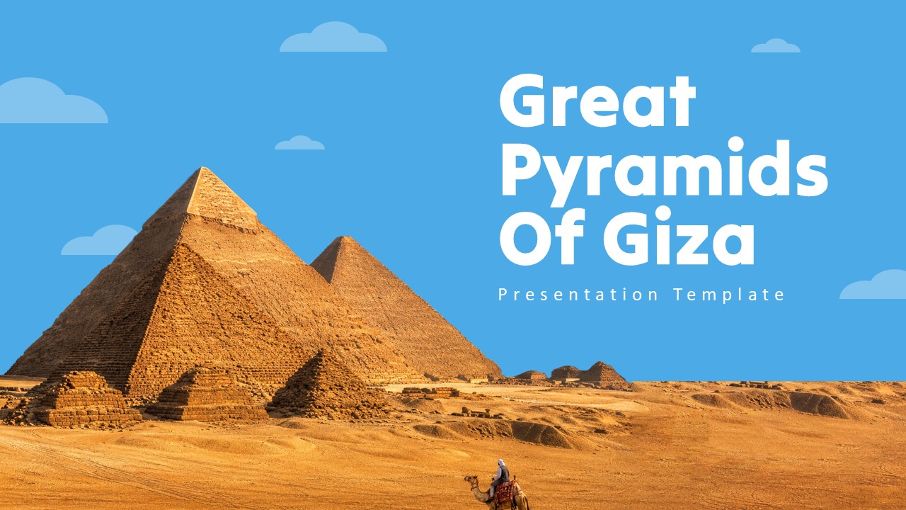 Great Pyramid Template - Clean title slide showcasing three pyramids panorama with camel figure against blue cloudy sky