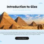 Great Pyramid Introduction - Golden hour pyramid complex with Sphinx foreground leading to historical text and Learn More button