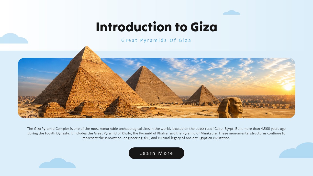 Great Pyramid Introduction - Golden hour pyramid complex with Sphinx foreground leading to historical text and Learn More button