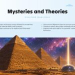 Great Pyramid Mysteries - Cosmic sky with light beams over pyramids exploring unsolved questions and ancient theories