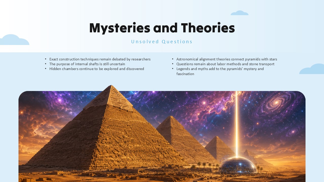 Great Pyramid Mysteries - Cosmic sky with light beams over pyramids exploring unsolved questions and ancient theories