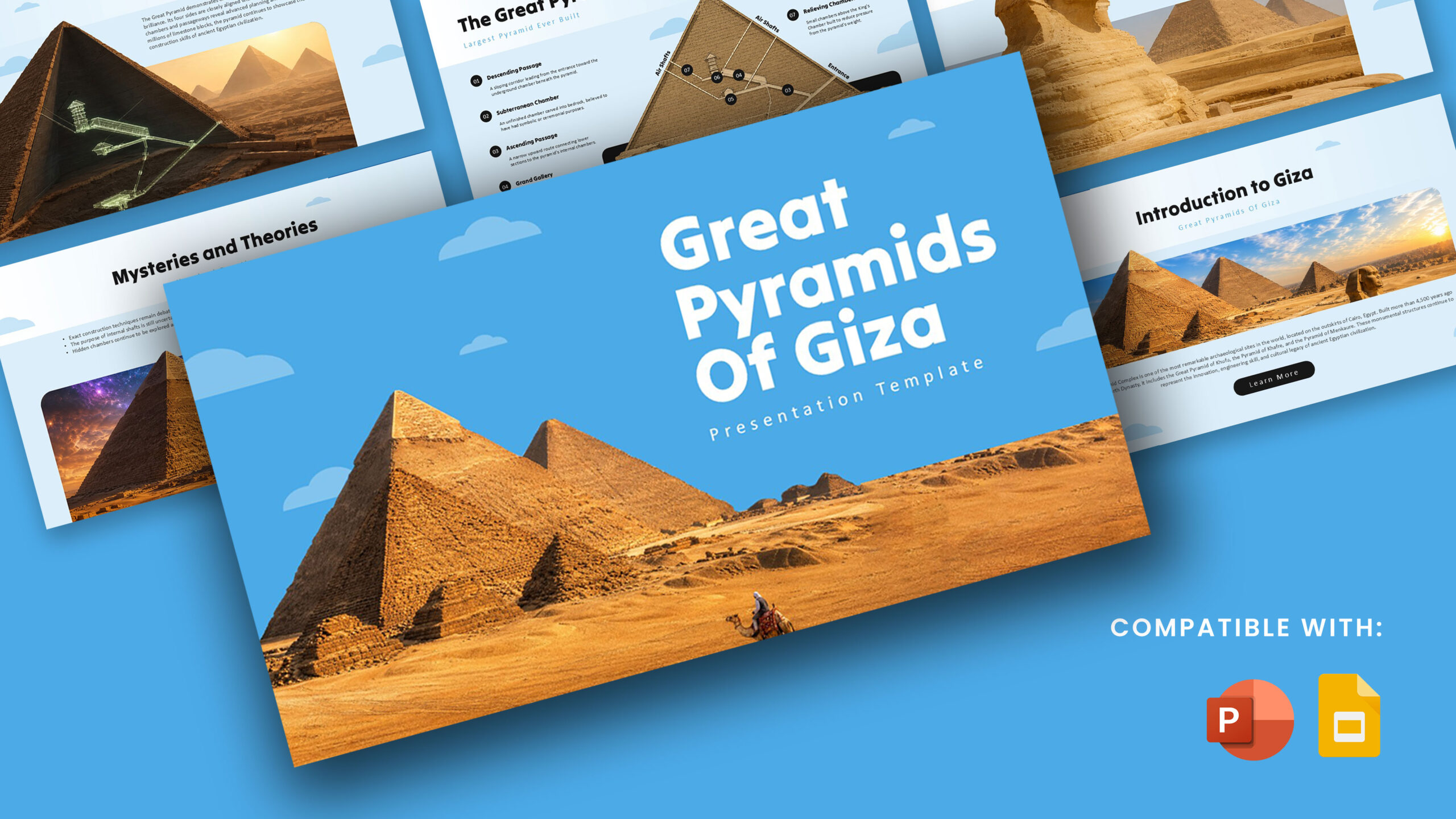 Great Pyramid of Giza Template - Dynamic overlapping pyramid images against vibrant blue sky with bold white typography