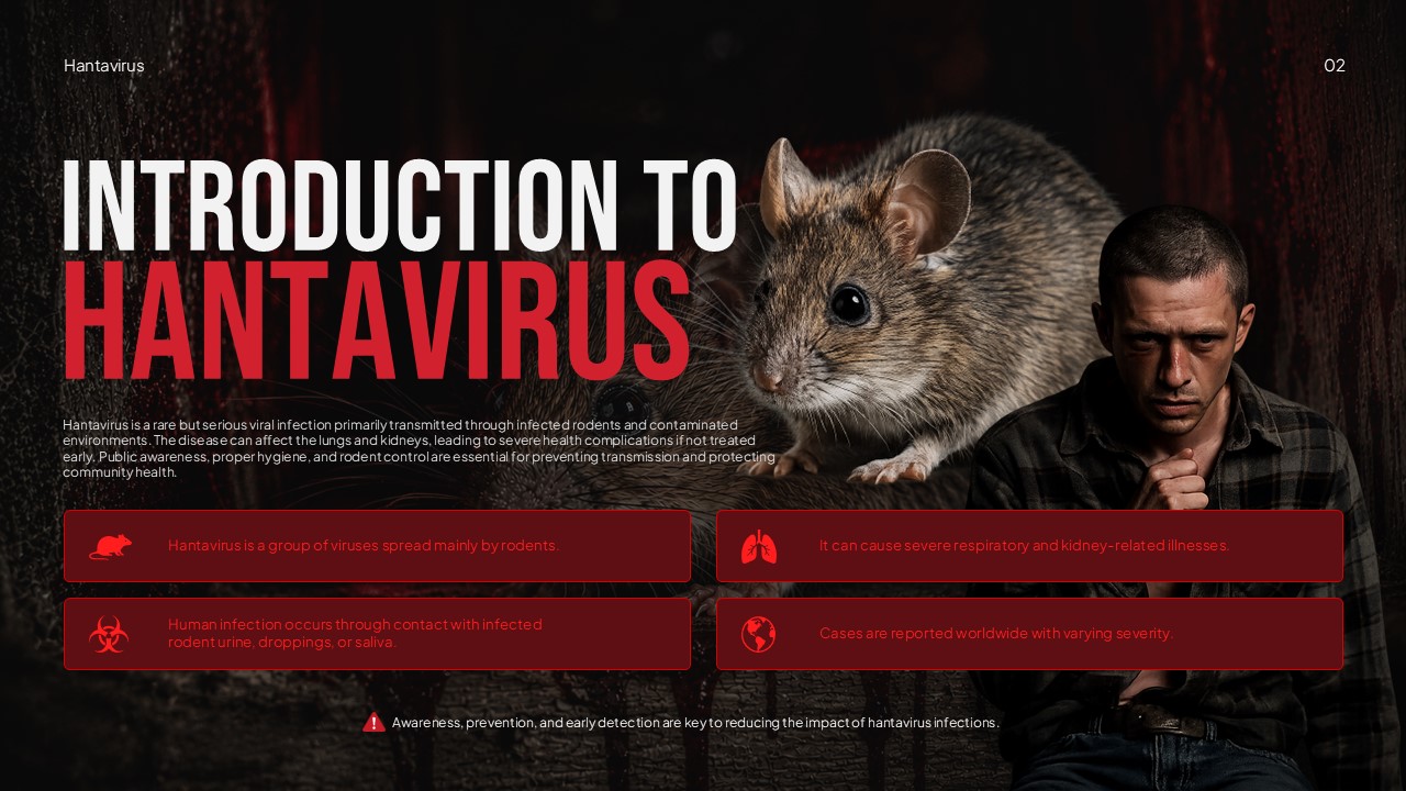 Hantavirus introduction slide with rodent transmission information boxes