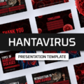 Hantavirus PowerPoint template cover with red virus particles on dark background