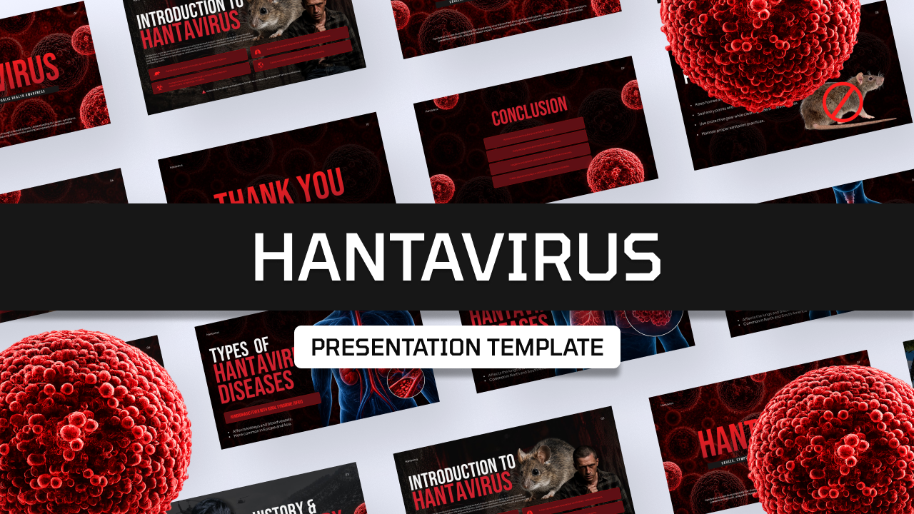 Hantavirus PowerPoint template cover with red virus particles on dark background