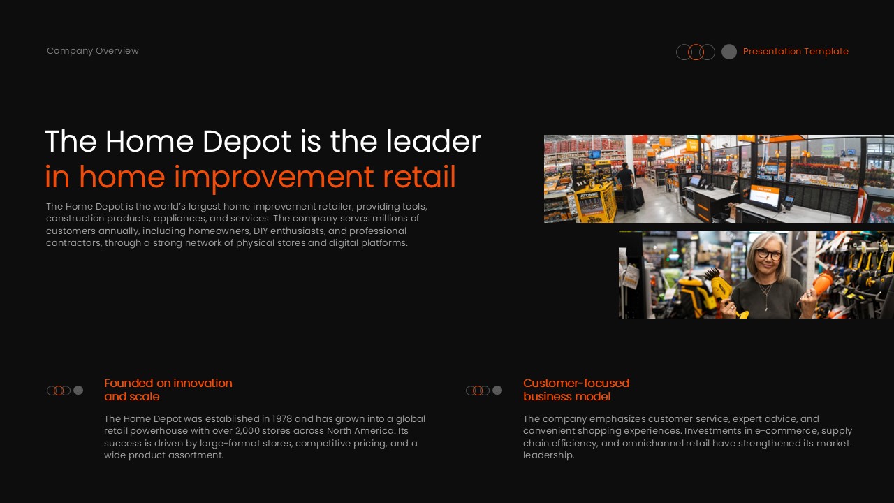Home Depot company overview - retail leadership slide with store images