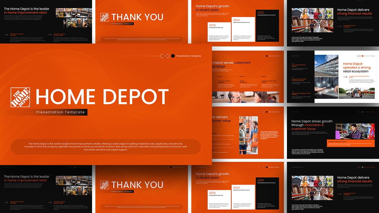 Home Depot PowerPoint template - 11 slide overview with orange branding