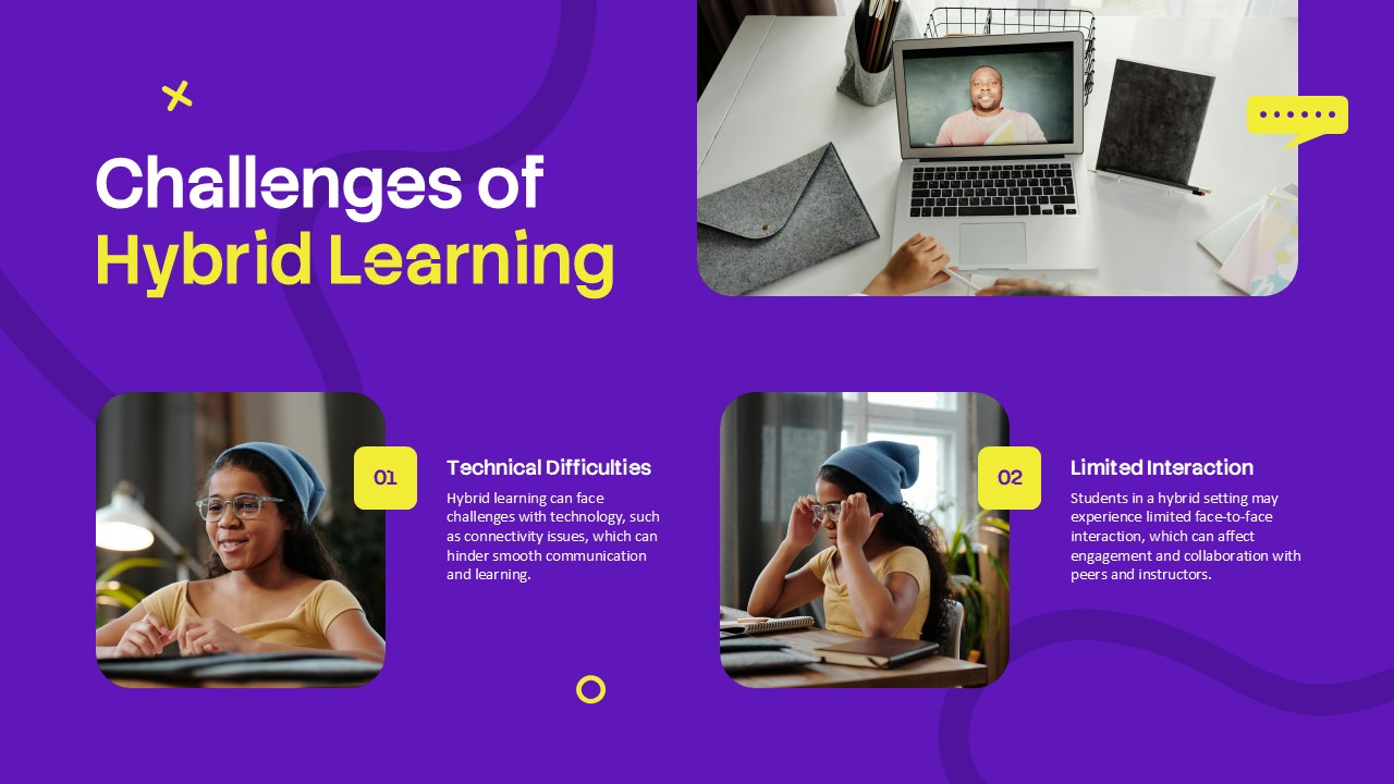 Hybrid Learning Template - challenges slide addressing technical difficulties and interaction limits