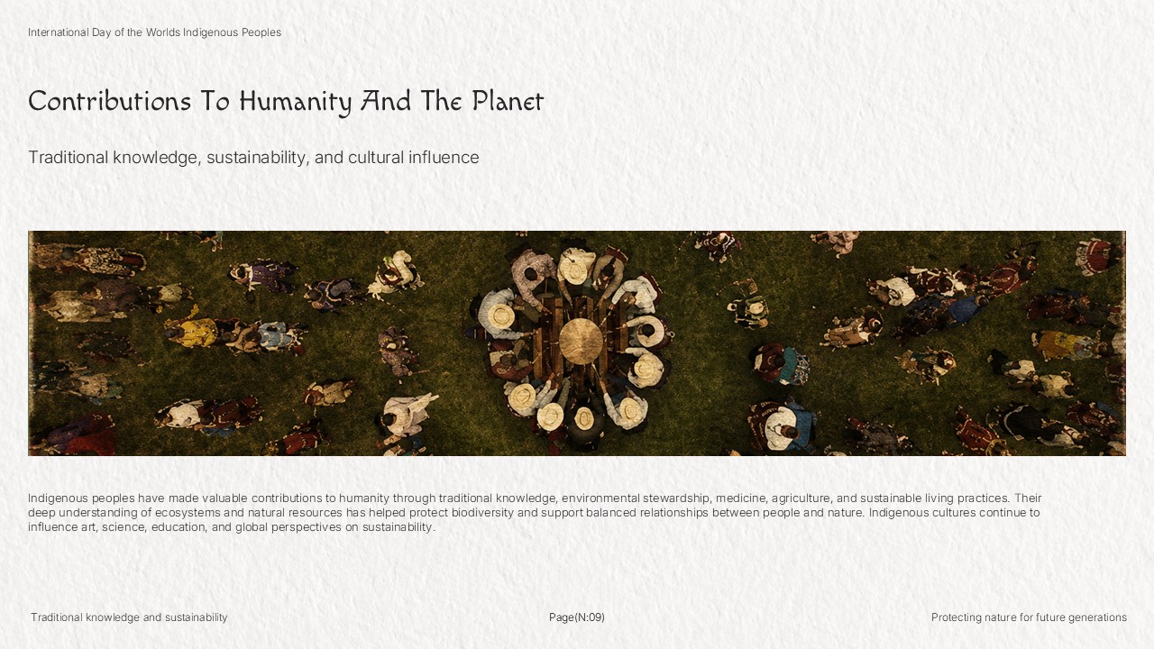 Indigenous Contributions Template - Humanity slide with aerial ceremony view and sustainability text