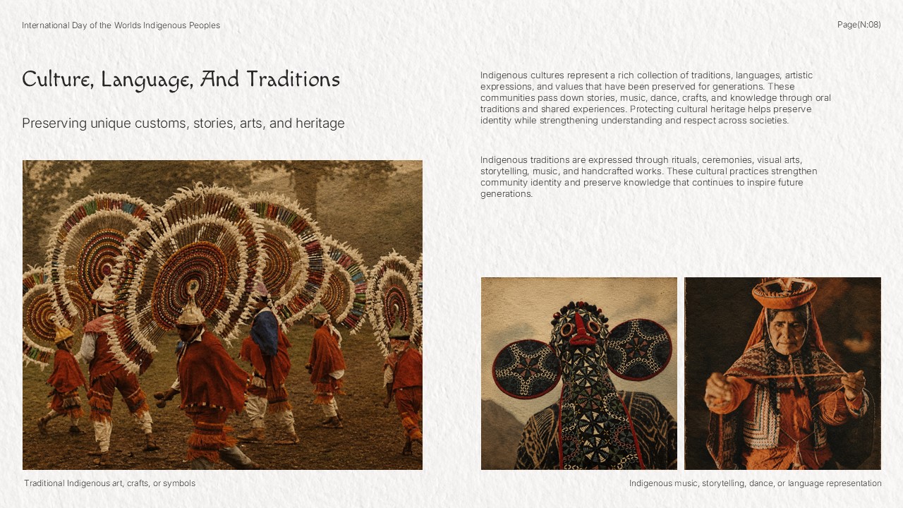 Indigenous Culture Template - Traditions slide with ceremonial dance photo and traditional crafts images