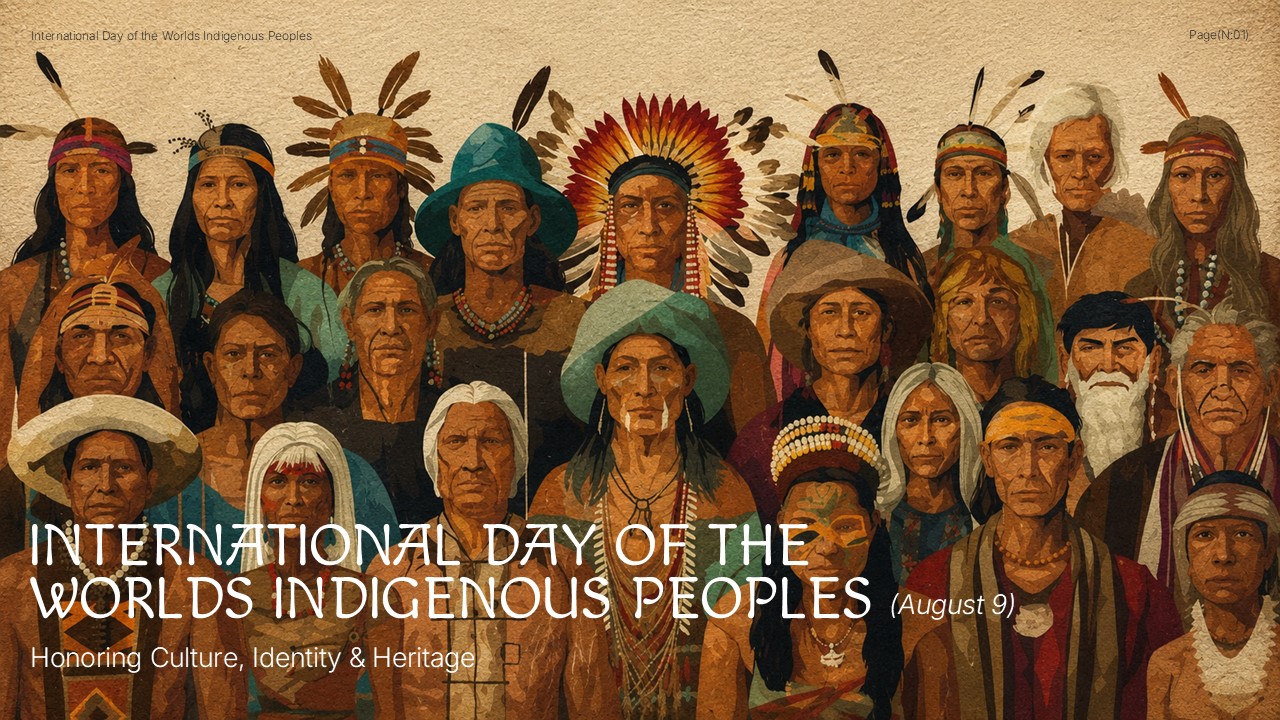 Indigenous Peoples Day Template - Title slide with cultural illustration and white text overlay on brown background