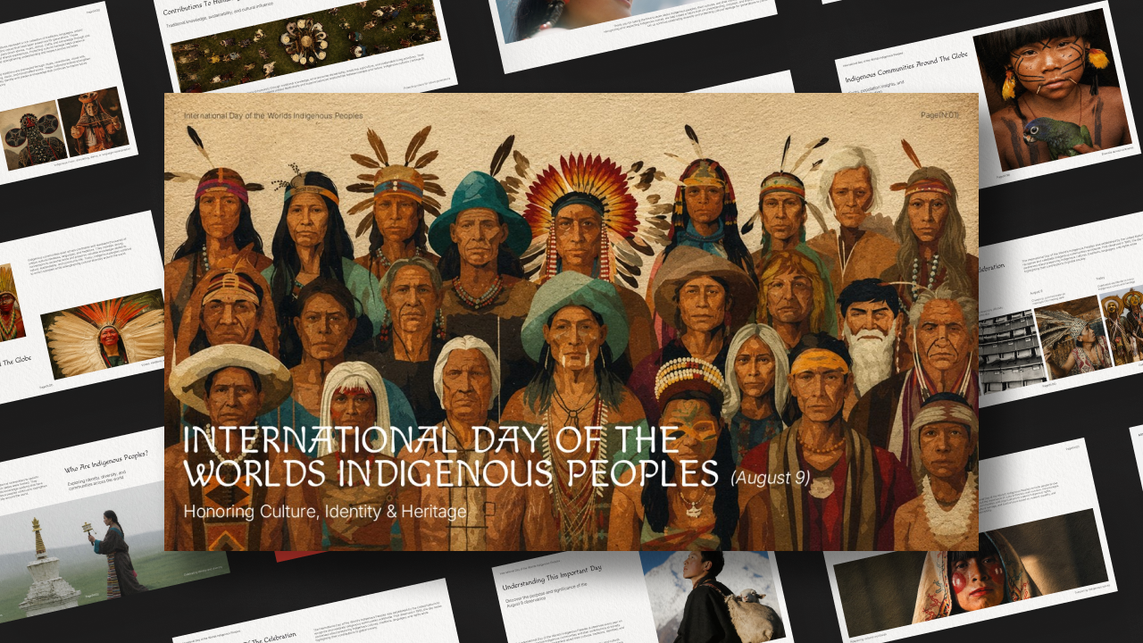 International Day of World Indigenous People Template - Cover slide with historical illustrations and earth tones