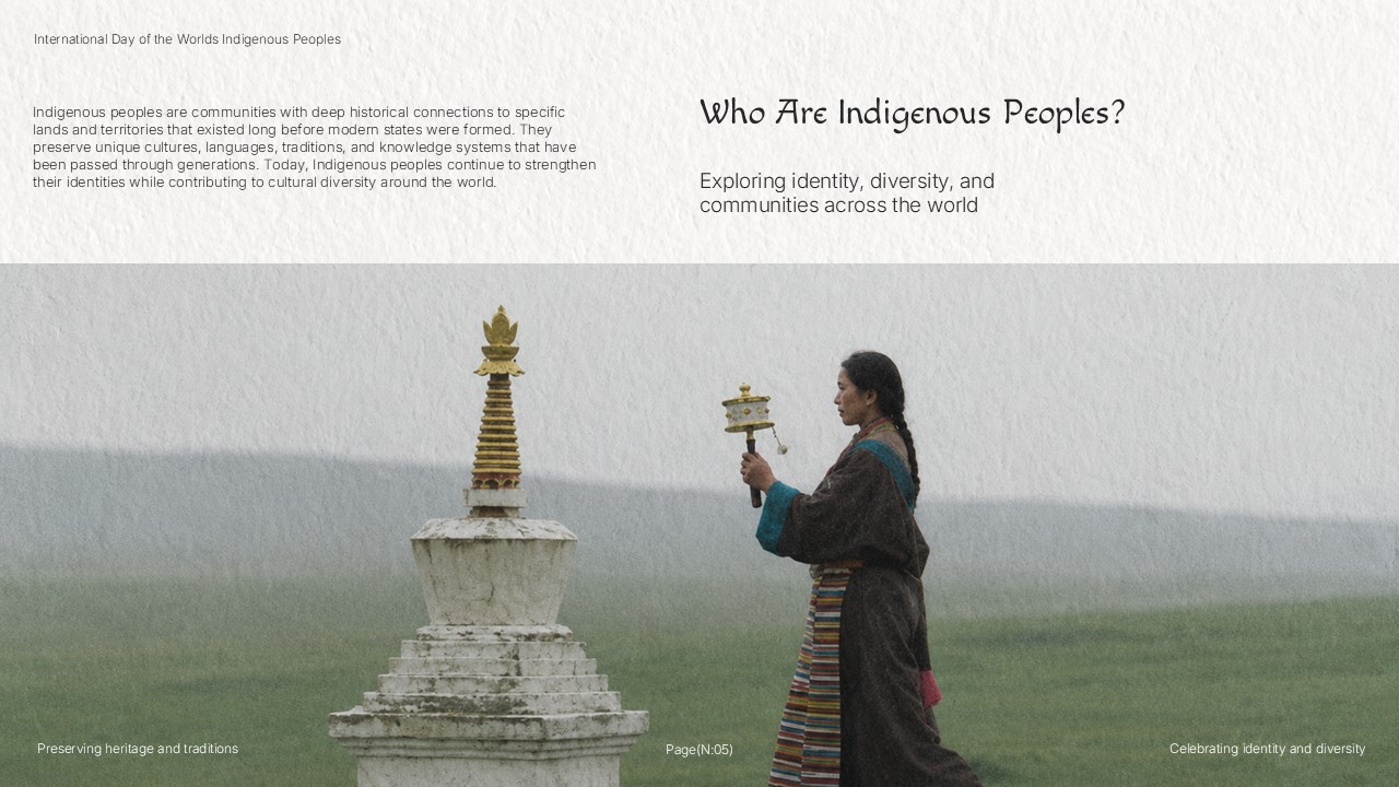 Indigenous Peoples Template - Identity slide with Tibetan woman performing traditional ritual with prayer wheels