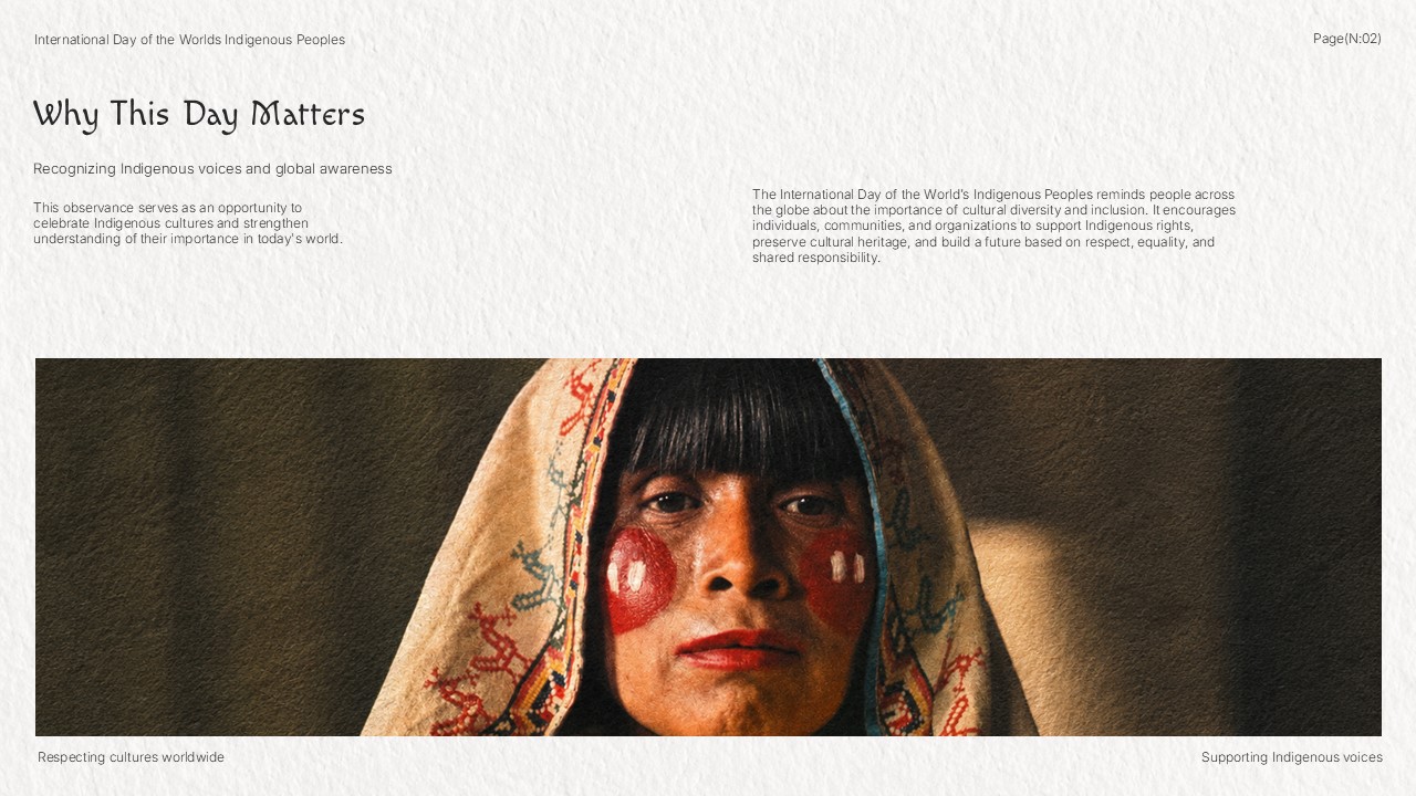 Indigenous People Template - Why This Day Matters slide with two-column layout and traditional portrait photo