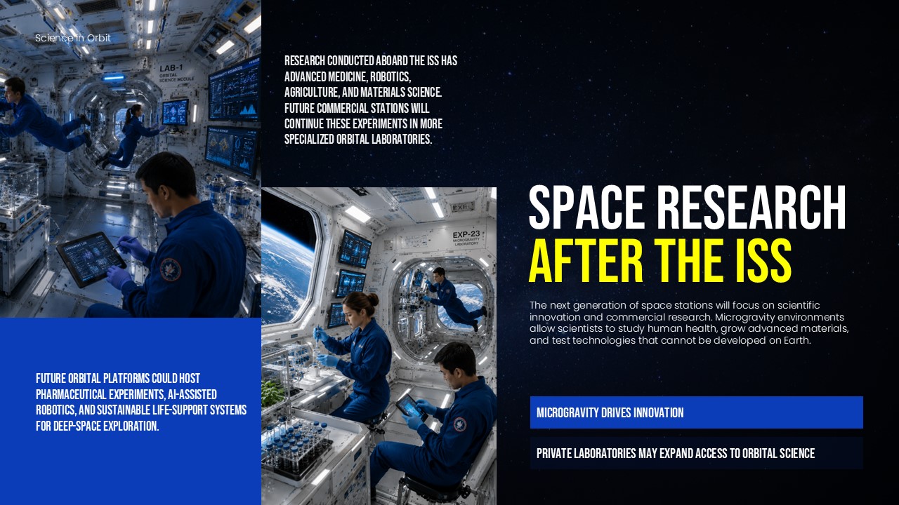 International Space Station Transition Plan - Space research continuation with astronaut laboratory scenes