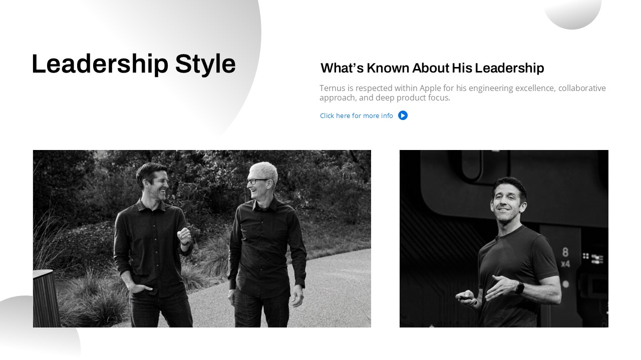 John Ternus Template - Leadership style slide to present executive management approach and philosophy