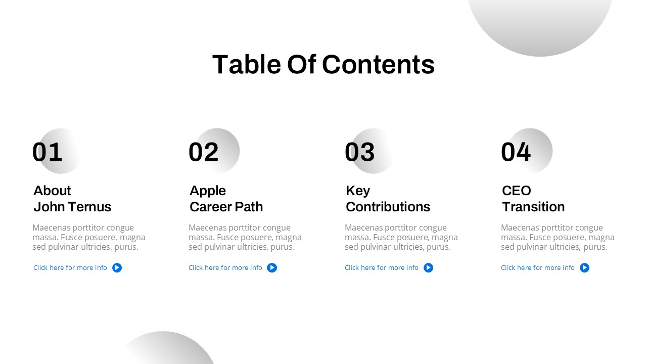 John Ternus Template - Table of contents slide to organize executive presentation topics and navigation