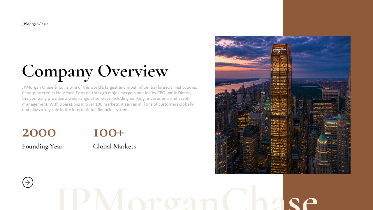 JPMorgan Chase company overview slide to present business background and key statistics